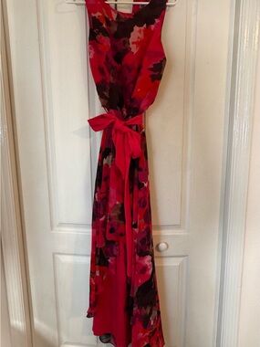 Red & Pink Floral High Low Dress with Waist Tie